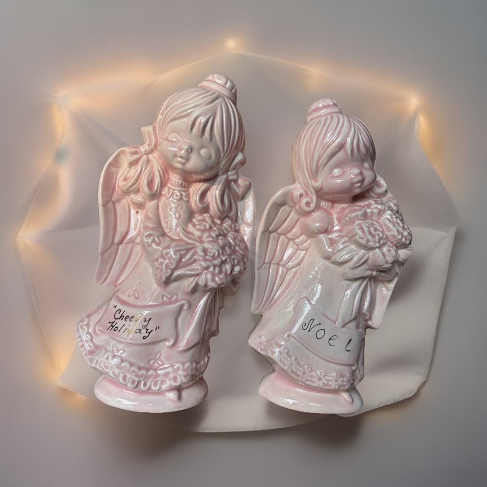 VTG Pink Angel Ceramic Figurines Set Of 2